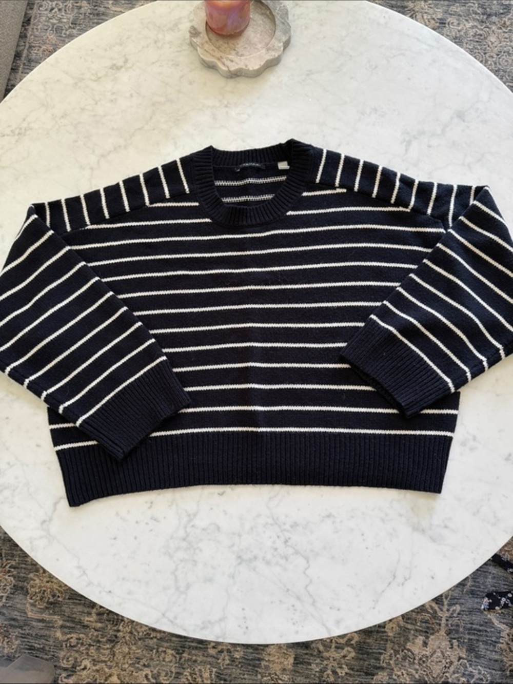 T Tahari Women’s XL Navy White Striped Crewneck Sweater Long Sleeve Knit